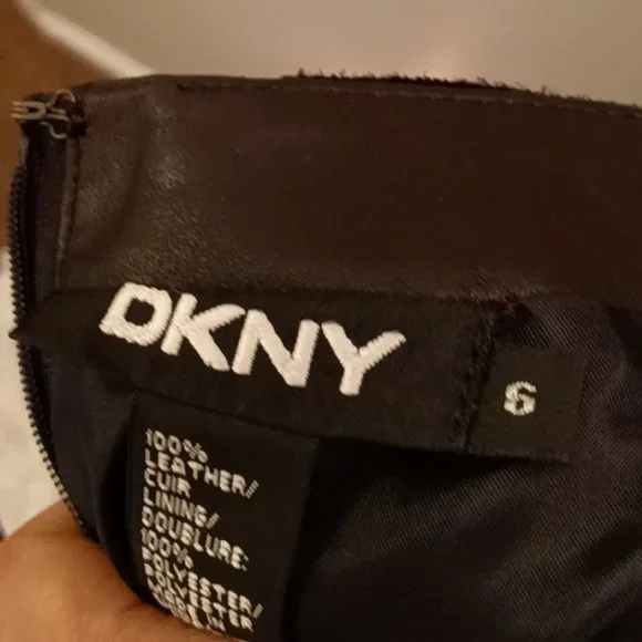 DKNY brown leather black suede knee length skirt